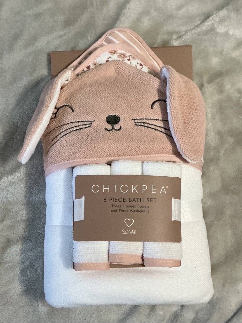 chick pea Blush Pink & White Baby Hooded Towel Set with Bunny Motif